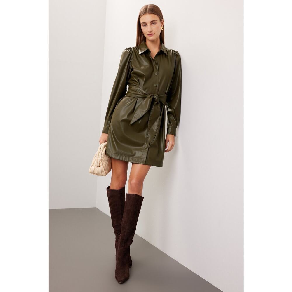 PETER SOM COLLECTIVE Olive Faux Leather Edgy Tie Waist Shirtdress Size 8